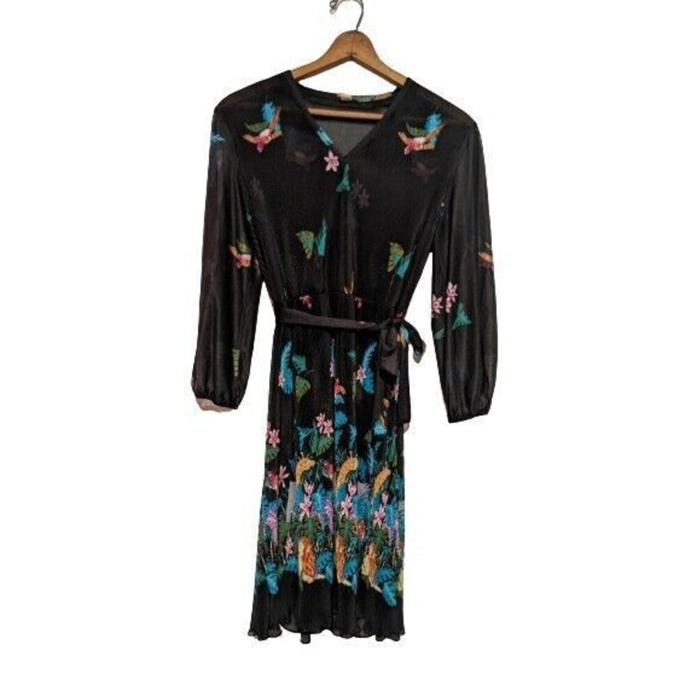 Vintage Black Semi Sheer Dress 70s 80s Poly Pleated Tie Belt L/S Tropical M/L